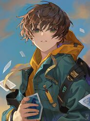  1boy absurdres backpack bag bangs blue_jacket bracelet brown_hair chyoel clock clouds digital_clock eyebrows_visible_through_hair green_eyes hair_between_eyes highres holding hood hoodie jacket jewelry male_focus original photo_(object) sky yellow_hoodie 