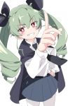  1girl anchovy_(girls_und_panzer) black_cape black_ribbon cape clenched_teeth drill_hair eyebrows_visible_through_hair eyes_visible_through_hair girls_und_panzer green_hair grey_skirt hair_ribbon hand_on_hip index_finger_raised ixy long_hair looking_at_viewer open_mouth pantyhose red_eyes ribbon shirt simple_background skirt smile solo teeth twin_drills twintails white_background white_legwear white_shirt 