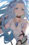  1girl armlet black_choker black_gloves blue_eyes blue_hair bracelet braid choker earrings gloves granblue_fantasy hageee hair_ribbon heart heart_earrings highres holding holding_microphone jewelry long_hair looking_at_viewer lyria_(granblue_fantasy) microphone necklace ponytail ribbon shirt smile solo sweat very_long_hair white_background white_shirt 