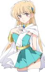  1girl bangs blonde_hair cape dragon_quest dragon_quest_dai_no_daibouken dress eyebrows_visible_through_hair green_dress hair_ornament ixy long_hair looking_at_viewer princess_leona red_eyes simple_background solo thigh-highs white_background white_cape white_legwear zettai_ryouiki 