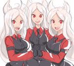  3girls animal_ears armband black_neckwear black_pants black_vest cerberus_(helltaker) demon_girl dog_ears fang fangs formal hands_together helltaker highres long_hair multiple_girls necktie pants rakeem_garcia-cueto red_eyes red_shirt shirt simple_background sketch triplets vest white_background white_hair 