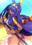  1girl amana_(pocketkey) animal_ears ass belt blue_hair blue_sky bracelet breasts dark_skin desert earrings facial_mark fate/grand_order fate_(series) hair_ornament hairband highres holding holding_staff jackal_ears jewelry long_hair nitocris_(fate/grand_order) open_mouth sky solo staff teeth tongue very_long_hair violet_eyes 