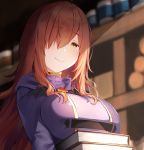  1girl blush book book_stack bookshelf breast_rest breasts brown_eyes brown_hair closed_mouth eyebrows_visible_through_hair hair_over_one_eye highres holding holding_book indoors kono_subarashii_sekai_ni_shukufuku_wo! large_breasts long_hair looking_at_viewer meth_(emethmeth) sidelocks smile solo upper_body wiz_(konosuba) 