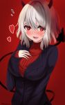  1girl :d bangs black_jacket blush breasts bright_pupils commentary_request demon_girl demon_horns demon_tail fang flying_sweatdrops heart heart-shaped_pupils helltaker highres horns jacket large_breasts long_sleeves looking_at_viewer modeus_(helltaker) open_mouth red_background red_sweater short_hair silver_hair simple_background skin_fang sleeves_past_wrists smile solo sweater symbol-shaped_pupils tail tamarin_(sy1755) twitter_username upper_body 