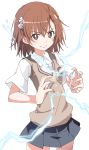  1girl biribiri black_skirt brown_eyes brown_hair closed_mouth electricity flower hair_flower hair_ornament ixy looking_at_viewer misaka_mikoto school_uniform short_hair short_sleeves simple_background skirt smile solo to_aru_kagaku_no_railgun to_aru_majutsu_no_index tokiwadai_school_uniform white_background 