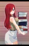  1girl absurdres artist_name bare_shoulders belt belt_buckle blush book breasts brown_eyes buckle cowboy_shot erza_scarlet fairy_tail gaston18 hair_over_one_eye highres holding holding_book large_breasts long_hair looking_at_viewer redhead skirt sleeveless solo standing watermark 