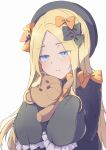  1girl abigail_williams_(fate/grand_order) absurdres artist_request bangs black_bow black_dress black_headwear blonde_hair blue_eyes blush bow breasts closed_mouth dress fate/grand_order fate_(series) forehead hair_bow hat highres jitome long_hair looking_at_viewer multiple_bows orange_bow parted_bangs polka_dot polka_dot_bow ribbed_dress sleeves_past_fingers sleeves_past_wrists small_breasts stuffed_animal stuffed_toy teddy_bear 