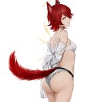  1girl animal_ears arknights arms_behind_back ass back bangs bare_legs bra breasts closed_mouth commentary cowboy_shot detached_wings earrings english_commentary exusiai_(arknights) eyelashes from_side hairband halo highres jewelry kemonomimi_mode kupikuuu looking_at_viewer medium_breasts off_shoulder panties parted_bangs partially_undressed profile red_eyes redhead shirt short_hair simple_background smile solo tail thighs underwear white_background white_bra white_panties white_shirt wings wolf_ears wolf_tail 
