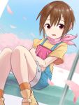  1girl brown_eyes brown_hair cherry_blossoms degi0833 digimon dutch_angle highres looking_at_viewer open_mouth outdoors overalls petals scarf short_hair sitting smile solo yagami_hikari 