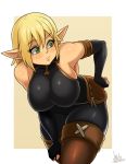  1girl armpits ass bare_shoulders bent_over blonde_hair boots breasts brown_background brown_footwear commentary elf evangelyne freckles green_eyes highres jmg large_breasts pointy_ears raised_eyebrow short_hair signature solo thigh-highs thigh_boots wakfu 