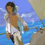  1boy bare_chest black_hair blue_eyes half_updo highres jacket light male_focus nishihara_isao ocean open_clothes open_jacket original shadow shorts smile solo wind 