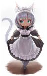  1girl animal_ears cat_ears cat_girl cat_tail dark_skin degi0833 dress full_body green_eyes grey_hair highres looking_at_viewer maid maid_headdress original silver_hair skirt_hold solo tail white_hair 