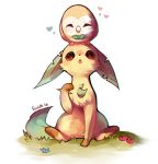  artist_name bird blue_flower blush brown_eyes closed_eyes dated flower foxlett full_body gen_4_pokemon gen_7_pokemon grass hand_up heart highres leafeon light_blush looking_at_another looking_up open_mouth owl pawpads pokemon pokemon_(creature) red_flower rowlet signature simple_background sitting sitting_on_head sitting_on_person spread_legs white_background 