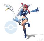  1girl :d absurdres artist_name bangs blue_eyes blue_footwear blue_gloves boots breasts clenched_hand commentary_request full_body fuuro_(pokemon) gen_5_pokemon gloves gym_leader hair_between_eyes hair_ornament highres long_hair looking_at_viewer navel open_mouth outstretched_arm poke_ball_symbol pokemon pokemon_(creature) pokemon_(game) pokemon_bw redhead shorts sidelocks smile spread_fingers swanna teeth teru_zeta tongue upper_teeth watermark white_background 