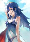  1girl arm_up bare_shoulders bikini blue_eyes blue_swimsuit breasts cape clouds cute fire_emblem fire_emblem:_kakusei fire_emblem_13 fire_emblem_awakening fire_emblem_heroes gimkamres04 hair_ornament intelligent_systems long_hair looking_at_viewer lucina lucina_(fire_emblem) navel nintendo outdoors small_breasts smile solo super_smash_bros. swimsuit symbol_in_eye tiara very_long_hair 