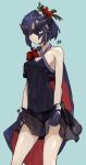  1girl absurdres bare_shoulders blue_background blue_hair cape closed_mouth fingerless_gloves fire_emblem fire_emblem_awakening fire_emblem_heroes flower gloves hair_flower hair_ornament highres marth_(fire_emblem_awakening) mask sakuremi simple_background solo swimsuit 