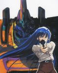  1990s_(style) 1girl aiming_at_viewer blue_eyes blue_hair grey_background gun handgun hands_together highres holding holding_gun holding_weapon long_hair long_sleeves looking_at_viewer mecha mikimoto_haruhiko nataruma official_art orguss_02 revolver scan solo two-handed very_long_hair weapon 