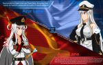  2girls azur_lane blue_eyes breasts cold_war collared_shirt commentary_request communism english_commentary english_text enterprise_(azur_lane) flag gangut_(kancolle) gloves hammer_and_sickle hat highres jacket kantai_collection long_hair long_sleeves military military_uniform multiple_girls parody pleated_skirt politics russian_text self_upload shirt skirt soviet soviet_flag star_(symbol) sword sword_of_stalingrad trung_the_artist_man uniform weapon white_shirt 