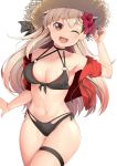  1girl armpits bikini black_bikini blonde_hair blush breasts collarbone cowboy_shot eyebrows_visible_through_hair groin hat highres jacket kantai_collection large_breasts long_hair navel one_eye_closed open_mouth red_eyes red_jacket remodel_(kantai_collection) short_sleeves simple_background smile solo sun_hat swimsuit white_background yasume_yukito yuudachi_(kantai_collection) 