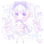  1girl bangs blush bow chibi closed_mouth commentary_request dress eyebrows_visible_through_hair full_body gradient_hair grey_hair hair_bow heart heart_background himetsuki_luna knees_together_feet_apart long_hair multicolored_hair object_hug original pink_hair puffy_short_sleeves puffy_sleeves purple_bow purple_footwear ringlets shoes short_sleeves sidelocks simple_background solo stuffed_animal stuffed_bunny stuffed_toy twintails very_long_hair violet_eyes white_background white_bow white_dress white_wings wings 