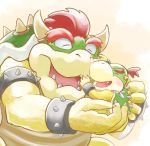  2boys bandana bowser bowser_jr. bracelet chamaji claws closed_eyes commentary_request fangs father_and_son holding_person horns jewelry super_mario_bros. multiple_boys no_humans open_mouth redhead sharp_teeth shell short_hair simple_background smile spiked_armlet spiked_bracelet spiked_shell spikes teeth 