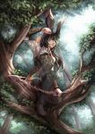  1girl absurdres animal_ears arm_guards arrow_(projectile) bangs black_hair boots bow_(weapon) closed_mouth commission day facial_mark final_fantasy final_fantasy_xiv forest green_eyes highres lips long_hair multicolored_hair nature onyrica outdoors rabbit_ears signature solo swept_bangs thigh-highs thigh_boots tree two-tone_hair viera watermark weapon web_address 