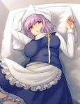  1girl apron blue_dress blue_vest breasts dress eyebrows_visible_through_hair large_breasts lavender_hair letty_whiterock long_sleeves looking_at_viewer lying on_bed open_mouth pillow touhou turtleneck urin vest violet_eyes waist_apron wavy_hair 