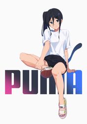  1girl alternate_hairstyle black_hair black_shorts blue_eyes casual full_body hair_between_eyes hibike!_euphonium highres invisible_chair kamo_kamen long_hair looking_at_viewer no_eyewear puma_ag shirt shoes shorts side_ponytail sitting sneakers solo symbol_commentary tanaka_asuka white_shirt 