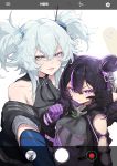  1other 2girls absurdres annoyed aqua_eyes aqua_hair camera_lens cellphone cellphone_camera cheek_poking clenched_teeth double_bun girls_frontline grabbing heart heart-shaped_pupils highres kac-pdw_(girls_frontline) multicolored_hair multiple_girls pa-15_(girls_frontline) phone poking purple_hair see-through shanyao_jiang_tororo simple_background symbol-shaped_pupils taking_picture teeth two-tone_hair two_side_up violet_eyes 