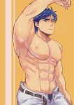  1boy abs absurdres armpits bara blue_eyes blue_hair blush chest fire_emblem fire_emblem:_path_of_radiance fire_emblem:_radiant_dawn highres ike_(fire_emblem) kamabokozin looking_at_viewer male_focus muscle nipples one_eye_closed pectorals shirtless solo 