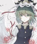  1girl bangs blouse buttons eyebrows_visible_through_hair eyes_visible_through_hair floating_hair flower frilled_hat frills green_eyes green_hair hat hegata_(hegatia_lapis) highres long_sleeves looking_at_viewer red_ribbon ribbon ribbon-trimmed_sleeves ribbon_trim shiki_eiki spider_lily touhou upper_body vest wavy_hair white_ribbon wide_sleeves 