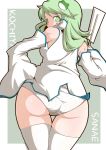  1girl ass blush_stickers character_name commentary_request cowboy_shot crotch_seam detached_sleeves frog_hair_ornament from_behind gohei green_background green_eyes green_hair hair_ornament hair_tubes hand_on_hip holding kochiya_sanae long_hair looking_at_viewer looking_back outside_border panties shirt sleeveless sleeveless_shirt snake_hair_ornament solo standing thigh-highs thigh_gap touhou underwear white_legwear white_panties white_shirt zannen_na_hito 