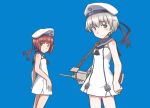  2girls absurdres adapted_turret anchor blue_background blue_eyes blue_sailor_collar brown_eyes cannon clothes_writing commentary_request cowboy_shot dress hat highres kantai_collection looking_at_viewer multiple_girls porusasu redhead sailor_collar sailor_dress sailor_hat short_dress short_hair silver_hair simple_background sleeveless sleeveless_dress turret white_dress z1_leberecht_maass_(kantai_collection) z3_max_schultz_(kantai_collection) 
