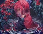  1girl black_shirt blue_bow bow cape cloak earrings flower hair_bow highres jewelry long_sleeves looking_to_the_side misha_(hoongju) open_mouth partially_submerged red_cloak red_eyes red_flower redhead ripples sekibanki shirt short_hair strangling touhou water water_drop wet 