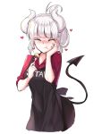  1girl absurdres apron bangs black_apron black_pants blush breasts closed_eyes collarbone commentary cropped_legs demon_girl demon_horns demon_tail hair_ornament helltaker highres horns kuro_(rudyan0128) long_hair looking_at_viewer lucifer_(helltaker) pants red_shirt shirt simple_background sleeves_rolled_up smile solo tail white_background white_hair white_horns 