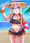  1girl abigail_williams_(fate/grand_order) artist_request bangs bare_shoulders beach bikini black_bikini black_bow blonde_hair blue_eyes blue_sky blush bow breasts collarbone double_bun emerald_float fate/grand_order fate_(series) forehead hat long_hair looking_at_viewer multiple_bows navel ocean open_mouth orange_bow parted_bangs pink_innertube polka_dot polka_dot_bow scrunchie sky small_breasts straw_hat swimsuit wrist_scrunchie 