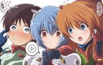  1boy 2girls ayanami_rei blue_eyes blue_hair blush brown_eyes brown_hair cellphone commentary earphones eyebrows_visible_through_hair fujitaka_nasu green_eyes ikari_shinji multiple_girls neon_genesis_evangelion open_mouth orange_hair phone plugsuit shared_earphones smartphone souryuu_asuka_langley spoken_squiggle squiggle translated wavy_mouth white_background 