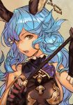  1girl 2020 animal_ears black_gloves blue_collar blue_hair breasts collar earrings ferry_(granblue_fantasy) frilled_collar frilled_gloves frills gloves gold_trim granblue_fantasy hand_up hankuri holding_whip hoop_earrings jewelry large_breasts long_hair looking_at_viewer open_mouth rabbit_ears sideboob single_earring sleeveless solo upper_body wavy_hair yellow_background yellow_eyes 