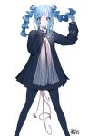  1girl afternooners bangs black_legwear blue_hair blue_sailor_collar eyes_visible_through_hair feet_out_of_frame hands_up holding holding_hair long_sleeves original pale_skin sailor_collar sidelocks simple_background solo twintails violet_eyes white_background 
