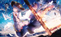  1girl arms_up artist_name bird black_headwear blue_hair blue_skirt blue_sky blurry_foreground bow bowtie clouds commentary cowboy_shot day dove dress english_commentary fisheye floating_hair floating_island food from_side fruit hands_clasped hat highres hinanawi_tenshi layered_dress leaf long_hair looking_to_the_side looking_up outdoors own_hands_together parted_lips peach petticoat photoshop_(medium) planted_sword planted_weapon praying puffy_short_sleeves puffy_sleeves red_eyes red_neckwear shirt short_sleeves skirt sky solo standing sword sword_of_hisou tonan_(l0l0l0l0l0l) touhou very_long_hair weapon white_shirt wind wind_lift 