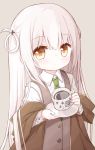  1girl bangs blush brown_eyes brown_jacket bunny_girl_(yuuhagi_(amaretto-no-natsu)) closed_mouth collared_shirt cup eyebrows_visible_through_hair green_neckwear grey_background grey_vest hair_between_eyes hair_rings holding holding_cup holding_saucer jacket long_hair long_sleeves looking_at_viewer necktie off_shoulder open_clothes open_jacket original saucer shirt simple_background sleeves_past_wrists solo upper_body very_long_hair vest white_hair white_shirt wide_sleeves yuuhagi_(amaretto-no-natsu) 