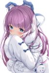  1girl animal_ears azur_lane bear blue_eyes blush coat earmuffs eyebrows_visible_through_hair fake_animal_ears fur-trimmed_coat fur-trimmed_sleeves fur_trim hair_ornament hair_ribbon highres kokuto_(kurousagi1210) long_hair long_sleeves looking_at_viewer pom_pom_(clothes) ponytail purple_hair ribbon shirt simple_background sleeves_past_wrists solo sweater tashkent_(azur_lane) very_long_sleeves white_background white_coat winter_clothes 