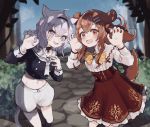  2girls :d ahoge animal_ear_fluff animal_ears black_choker black_shirt blush bone_hair_ornament bow bowtie braid breasts brown_hair bush cat_ears cat_tail choker claw_pose commentary cowboy_shot cropped_shirt day dog_ears dog_tail domaso_(sowdma2) fangs floating_hair hair_between_eyes hairband high-waist_skirt highres hololive inugami_korone lavender_hair long_hair long_sleeves looking_at_viewer midriff multiple_girls navel nekomata_okayu open_mouth orange_neckwear outdoors path plaid_neckwear red_eyes red_skirt sailor_collar school_uniform serafuku shirt short_hair short_shorts shorts side_braids skirt small_breasts smile tail thighs tree twin_braids violet_eyes virtual_youtuber white_shirt white_shorts wing_collar 