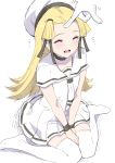  1girl between_legs blonde_hair blue_oath blush closed_eyes dress gloves hair_ribbon hand_between_legs hat helena_(blue_oath) highres hoosaku long_hair open_mouth out_of_frame ribbon sailor_collar short_sleeves simple_background sitting thigh-highs white_background white_dress white_headwear white_legwear white_neckwear white_sailor_collar 