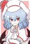  1girl ascot bat_wings blue_hair bow eyebrows_visible_through_hair eyes_visible_through_hair fang frilled_sleeves frills hand_on_own_face hat hat_ribbon highres long_sleeves looking_at_viewer mob_cap nail_polish oninamako red_bow red_eyes remilia_scarlet ribbon short_hair touhou upper_body white_neckwear wings 
