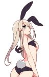  1girl alternate_costume anchor_hair_ornament animal_ears ass bikini black_bikini blonde_hair breasts bunny_tail commentary_request cowboy_shot grey_eyes hair_ornament kantai_collection long_hair profile rabbit_ears shimakaze_(kantai_collection) simple_background small_breasts solo swimsuit tail white_background yoru_nai 