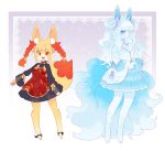  2girls :3 absurdres alolan_form alolan_ninetales animal_ear_fluff animal_ears artist_name bangs barefoot blonde_hair blue_dress blue_hair blue_jacket blue_sclera blush bow braixen breasts cerise chinese_clothes cleavage_cutout closed_mouth double_bun dress english_commentary eyebrows_visible_through_hair fangs fox_ears fox_tail frilled_dress frills full_body gen_6_pokemon gen_7_pokemon gradient gradient_background hair_bow hands_together happy highres jacket jpeg_artifacts light_blush long_hair long_sleeves looking_at_viewer multiple_girls open_mouth outline pawpads paws personification pokemon pokemon_(creature) purple_background purple_bow red_dress red_eyes see-through shiny shiny_hair short_hair signature small_breasts smile standing tail thigh-highs tied_hair watermark white_eyes white_legwear white_outline zettai_ryouiki 