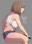  1girl 2020 agawa_ryou bare_shoulders belly breasts brown_eyes brown_hair commentary controller dated food_in_mouth large_breasts original plump remote_control shirt short_hair short_shorts shorts signature solo thick_thighs thighs tied_shirt 