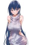  1girl absurdres aran_sweater bangs bare_shoulders blue_hair blush breasts brown_eyes dress eyebrows_visible_through_hair grey_sweater hair_between_eyes highres large_breasts long_hair looking_at_viewer meme_attire nijisanji parted_lips ribbed_sweater simple_background solo sweater sweater_dress turtleneck turtleneck_sweater very_long_hair virgin_killer_sweater virtual_youtuber white_background yamagami_karuta yuki_maccha_(yukimattya10) 