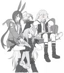  1boy 3girls amiya_(arknights) angel animal_ears arknights artist_request blush bunny_boy bunny_girl carrying_over_shoulder commentary_request doctor embarrassed exusiai_(arknights) food gloves greyscale halo holding_shield hood hooded_jacket jacket jewelry kroos_(arknights) long_hair monochrome multiple_girls multiple_rings onigiri rabbit_ears ring shield short_hair shorts tall_female 